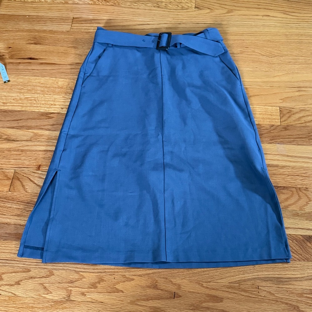 Banana Republic Belted Midi Skirt 4 Petite Blue Side Slit Pockets NWT